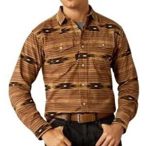 Ariat Men's Long Sleeve Hobart Retro Fit Aztec Print Snap Shirt Pine Bark